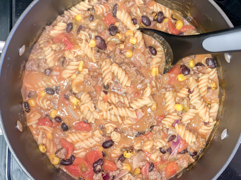 A pot of gluten free protein packed taco pasta